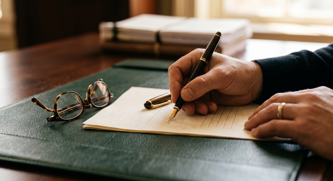 Hand writing estate planning documents with fountain pen — articles by James K. Boyles