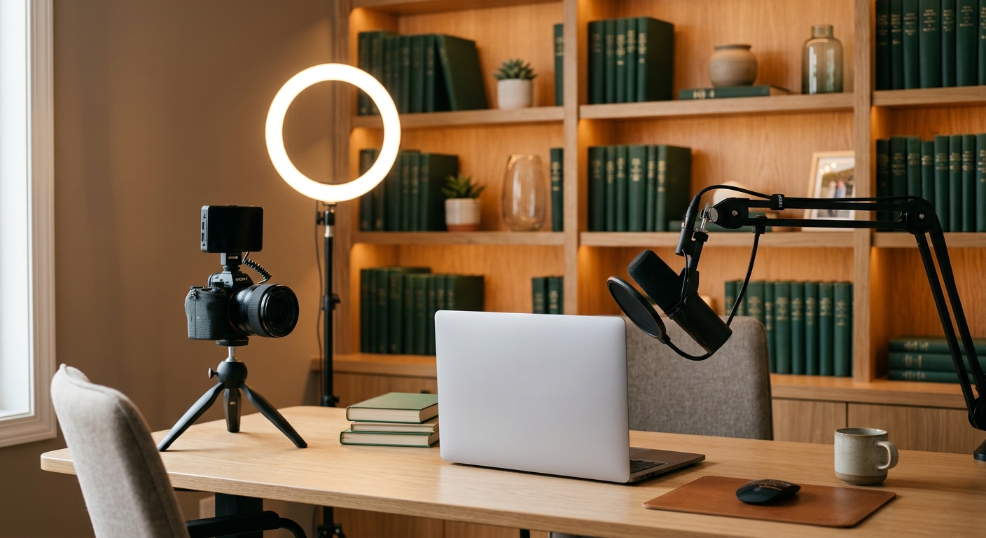 Professional video studio setup with camera, microphone, and green books — estate planning video content
